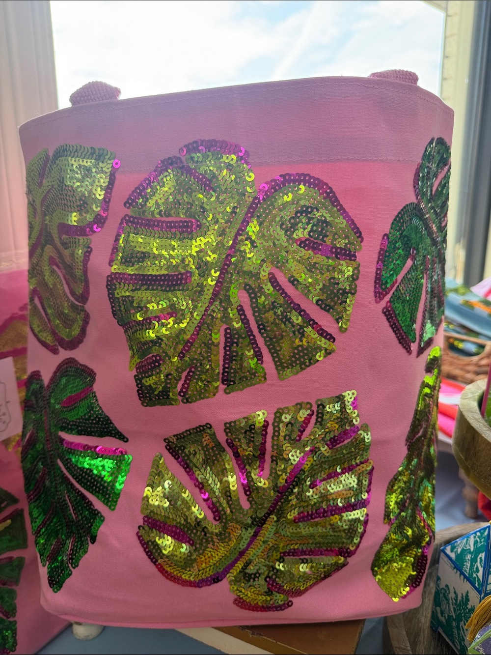 MUDPIE Pink Sequin Tropical Leaf Tote Bag